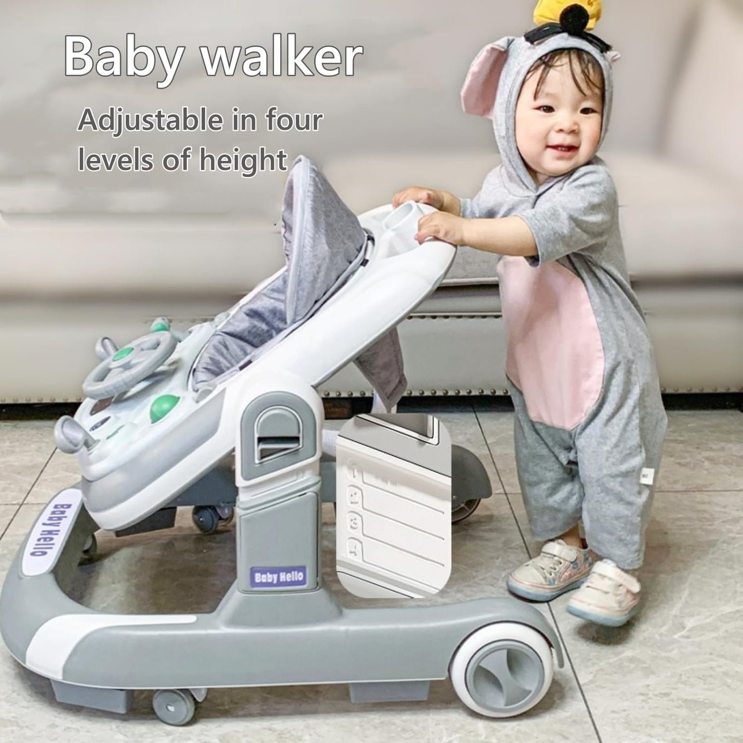 Foldable Baby Walkers with Wheels and Baby Activity Center Toys Tray with Music, 4-Gear Height Adjustable Infant Toddler Baby Walker