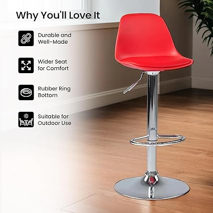 Curvy Bar Stool/Bar Stool Chair for Kitchen/Bar Chairs for Home/Kitchen Chair/Revolving Chair/Sitting Stool for Living Room/Height Adjustable Chair/Breakfast Counter Chair- Red (Set of 2)