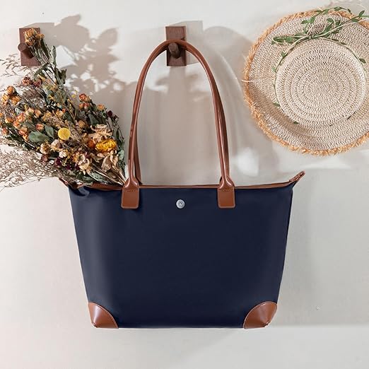 Nylon Tote Bag for Women Large Shoulder Bag with Zipper Lightweight Foldable Work