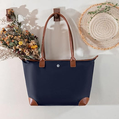 Nylon Tote Bag for Women Large Shoulder Bag with Zipper Lightweight Foldable Work