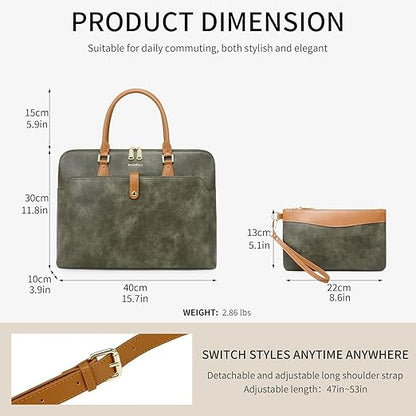 Tie Dye Green Handmade 16inch Laptop Vegan Leather Briefcase Tote Bags for Women Men Work 2025, Large 19L Stylish Business Computer Office Shoulder Handbags with Wristlet Wallet, Waterproof Luxury Bag