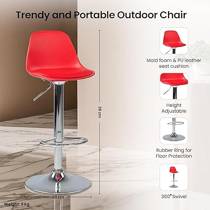 Curvy Bar Stool/Bar Stool Chair for Kitchen/Bar Chairs for Home/Kitchen Chair/Revolving Chair/Sitting Stool for Living Room/Height Adjustable Chair/Breakfast Counter Chair- Red (Set of 2)