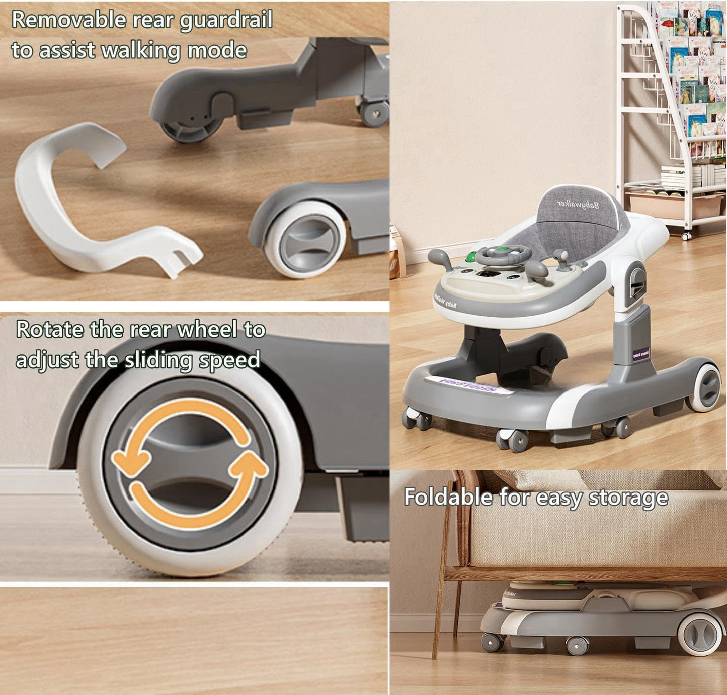 Foldable Baby Walkers with Wheels and Baby Activity Center Toys Tray with Music, 4-Gear Height Adjustable Infant Toddler Baby Walker